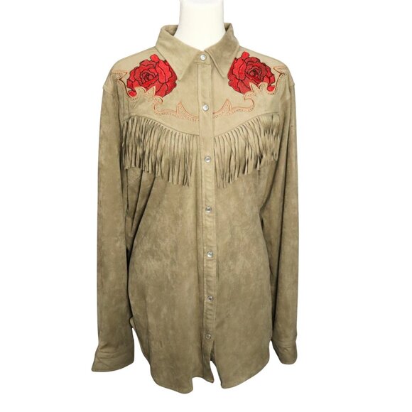 Rodeo Quincy Tops - RODEO QUINCY Western Pearl Snap Shirt Embroidery Roses Fringe Women’s Sz 2XL